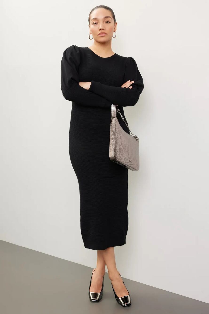 Toccin RTR Sz Large Violet Cable Black Puff Long Sleeve Crewneck Midi Dress